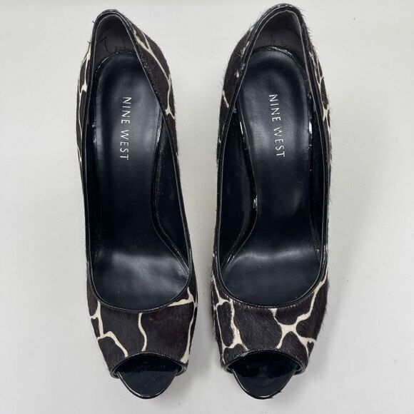 Nine West Women's Stiletto Calf Hair Giraffe Peep Toe Heels Black White Size 7.5 - Picture 2 of 10